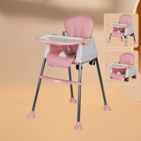 Scaun de masa pliabil 3in1, reglabil, multifunctional, 3 pozitii, masuta si husa detasabile, roti, centura de siguranta, ajustare inaltime, roz [1]