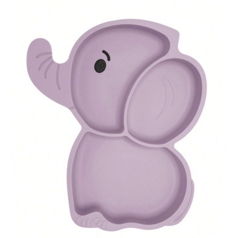 Set 10 piese servire masa.  pentru bebelusi si copii, din silicon/lemn, cu ventuze anti-alunecare, fara alergeni. +6 luni, model elefant, mov [1]