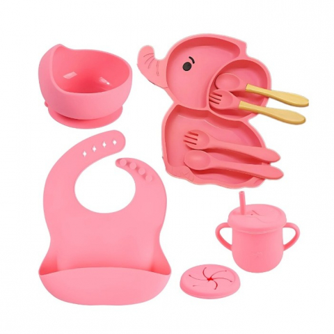 Scaune, seturi de masă și accesorii bebeluși - Set 10 piese servire masa.  pentru bebelusi si copii, din silicon/lemn, cu ventuze anti-alunecare, fara alergeni. +6 luni, model elefant, roz