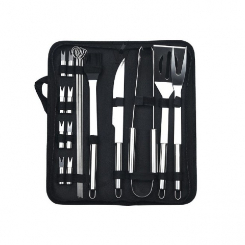 Organizatoare si accesorii pentru bucatarie - Set 18 ustensile pentru gratar, din otel inoxidabil, geanta oxford, argintiu