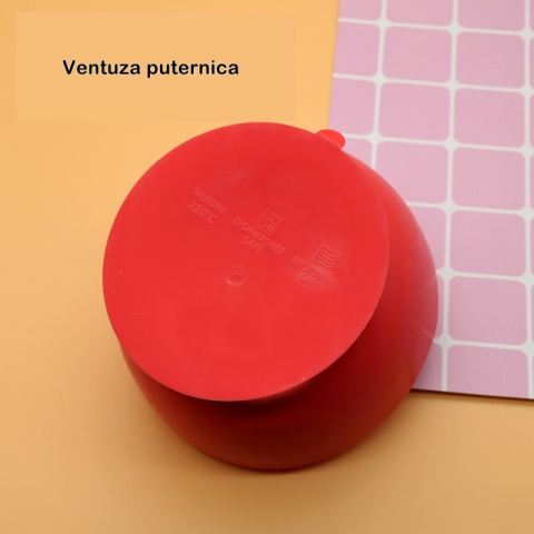 Set 2 piese diversificare bebelusi si copii din silicon  bol cu ventuza, lingurita din lemn si silicon, pentru gustari, fara alergeni, rosu [3]