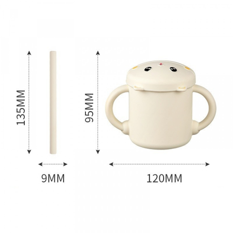 Set 2 piese hranire bebelusi si copii, cana cu capac si pai, din silicon, fara bpa, de la 12 luni, model pisicuta, 12 x 9.5 x 11 cm, bej [3]