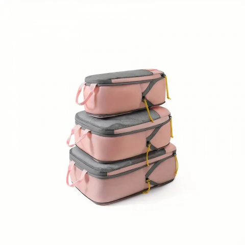 Genti, organizatoare şi accesorii voiaj - Set 3 genti de calatorie  pentru depozitare, compresibile, 3 dimensiuni, mic, mediu, mare, impermeabile, fermoar dublu, roz
