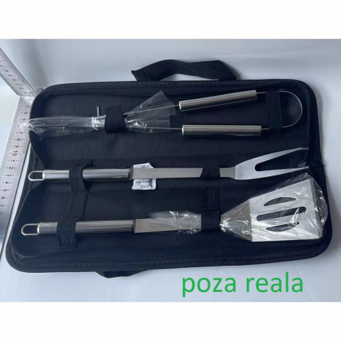 Set 3 ustensile pentru gratar, din otel inoxidabil, geanta oxford, argintiu [1]