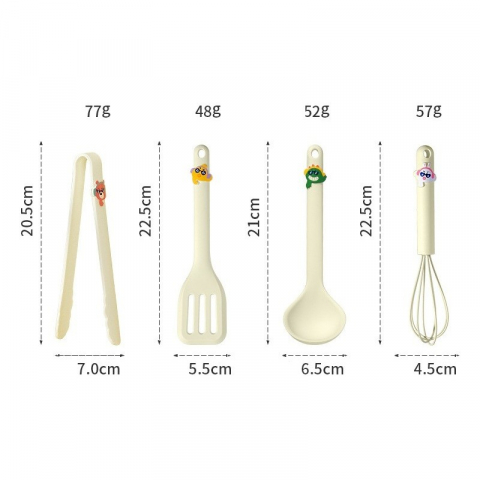 Accesorii și ustensile in bucatarie - Set 4 ustensile de bucatarie, pentru copii, din silicon, termorezistente, design animat, 13 x 24 x 5 cm, bej