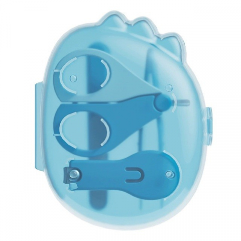 Îngrijire, transport și organizare pentru bebeluși și copii - Set 4in1 de ingrijire unghii pentru bebelusi, cutie de depozitare dinozaur transparent, 0-6 ani, 11.5 x 9 x 3 cm, albastru
