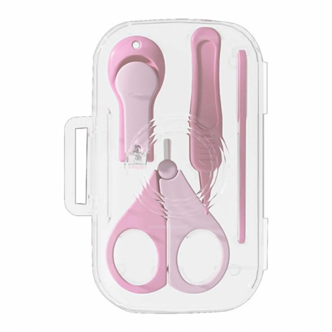 Îngrijire, transport și organizare pentru bebeluși și copii - Set 4in1 de ingrijire unghii pentru bebelusi, cutie de depozitare texturata, 0-6 ani, 13.6x8x2 cm, roz
