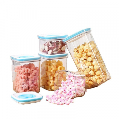 Seturi pentru organizarea cămării - Set 5 cutii de depozitare pentru bucatarie, 2 x 600ml, 2 x 1.3l, 1 x 2l, din abs+pet+silicon, capac alb/albastru, 23 x 10 x 10 cm, transparent