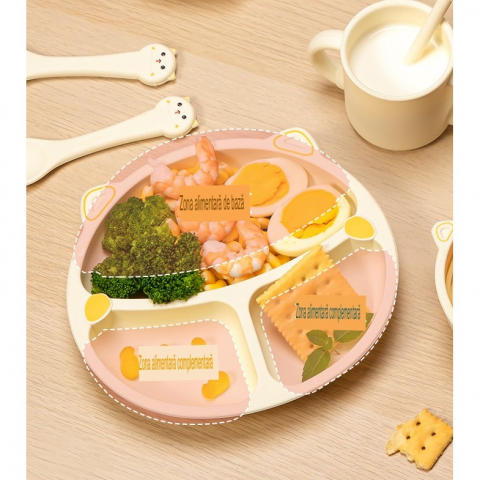 Set 5 piese hranire bebelusi si copii, din silicon, fara bpa, de la 12 luni, model pisicuta, 28 x 26 x 2 cm, bej [3]