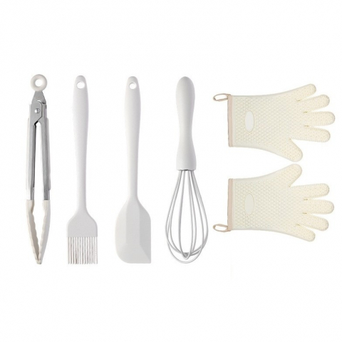Accesorii și ustensile in bucatarie - Set 5 ustensile de bucatarie, din silicon+inox, termorezistente, antiaderente, 28 x 26 x 2 cm, alb ivory