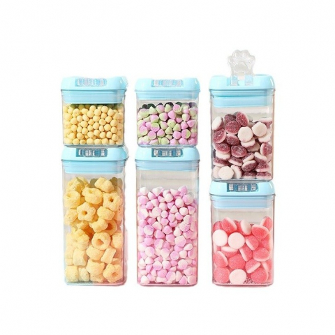 Set 6 cutii de depozitare alimente, 2 x 500ml, 2 x 800ml, 2 x 1200ml, capac albastru, din pp+pet, inchidere ermetica, transparent [1]