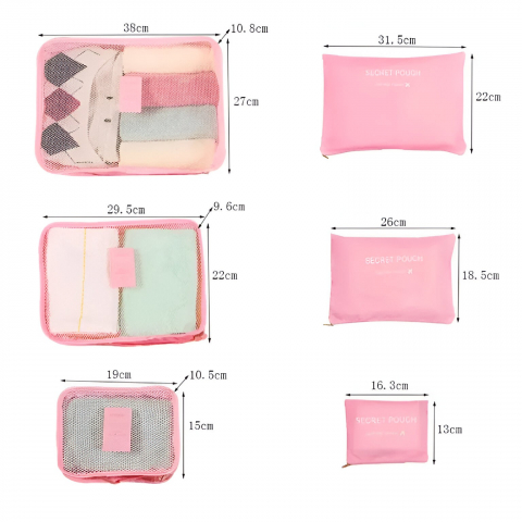 Set 6 genți de calatorie, pentru depozitare, impermeabile, organizator, multifuncționale, design cu plasa, pliabile, fermoar, dimensiuni diferite, roz [1]
