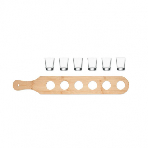 Set 6 pahare shot din sticla  cu suport din lemn, design rustic, 49.5 x 7 x 6.5 cm, maro [5]