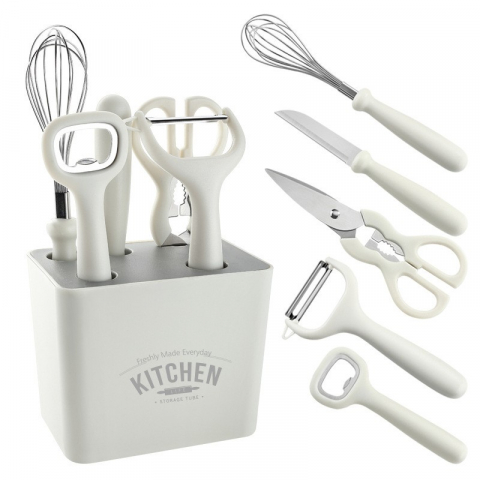 Accesorii și ustensile in bucatarie - Set 6 ustensile bucatarie  cu suport inclus, desfacator, curatator legume, foarfeca, cutit, tel, abs si inox, alb
