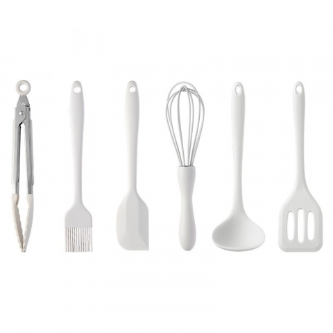 Organizatoare si accesorii pentru bucatarie - Set 6 ustensile de bucatarie, din silicon+inox, termorezistente, antiaderente, 23 x 13 x 3 cm, alb ivory