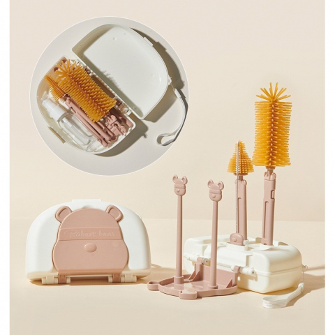 Set 7 piese de spalat/uscat biberoane, portabil, peri de silicon, pentru tetine, suzete, biberoane, paie, cutie inclusa, 16 x 11 x 5 cm, model ursulet, maro [3]