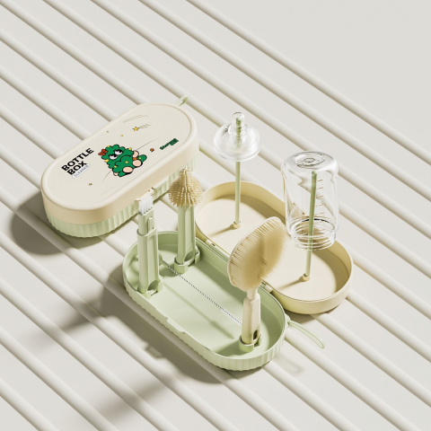 Set 7 piese de spalat/uscat biberoane, portabil, peri de silicon, pentru tetine, suzete, biberoane, paie, cutie inclusa, 20 x 9.5 cm, verde [4]