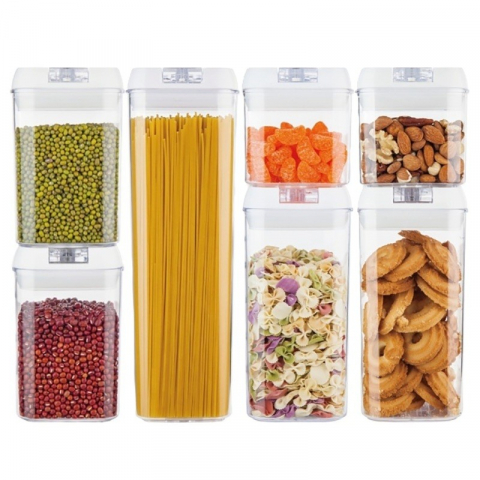 Recipiente pentru alimente de baza, gustari si cereale - Set 7 recipiente din plastic, pentru alimente/obiecte, inchidere ermetica, 2 x 0.5l, 2 x 0.8l, 2 x 1.2l, 1 x 1.9 l, capac alb, transparent