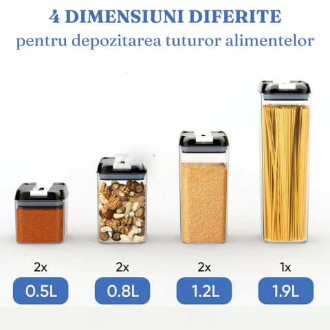 Set 7 recipiente organizare alimente, inchidere etansa, etichete reutilizabile, cupe masurare, 4 dimensiuni diferite, din plastic dur, transparent [1]