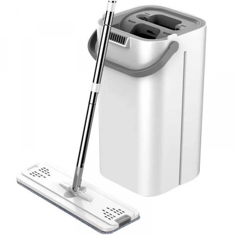 Maturi, Perii, Mopuri si Galeti - Set de curatenie mop si galeata, galeata 5.7 l, 4 rezerve microfibra incluse, design modern, pentru interior, material plastic, peri sintetici, plat, cu storcere, alb