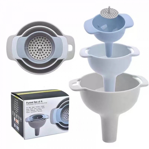 Organizatoare si accesorii pentru bucatarie - Set de palnii multifunctionale + filtru, 4 in 1, din plastic, 11 x 10 cm, albastru