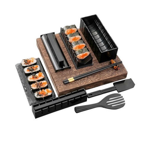 Accesorii și ustensile in bucatarie - Set ustensile pentru facut sushi  10 piese, forma inima inclus, 3 forme clasice, extensibil, finisaj lucios, material abs, curatare usoara, negru