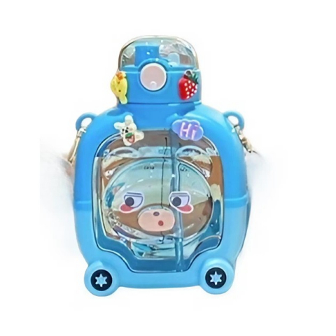 Triciclete, mașinuțe și accesorii pentru transportul copiilor - Sticla cu pai pentru copii, model ursulet, gradata, stickere aplicate, curea reglabila, din plastic rezistent la cadere, 1l, albastru, 20 x 13 cm