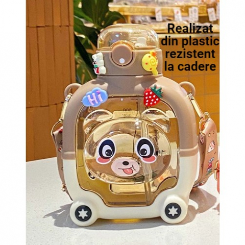 Sticla cu pai pentru copii, model ursulet, gradata, stickere aplicate, curea reglabila, din plastic rezistent la cadere, 1l, maro, 20 x 13 cm [3]