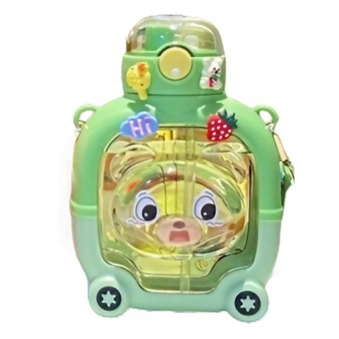 Triciclete, mașinuțe și accesorii pentru transportul copiilor - Sticla cu pai pentru copii, model ursulet, gradata, stickere aplicate, curea reglabila, din plastic rezistent la cadere, 1l, verde, 20 x 13 cm