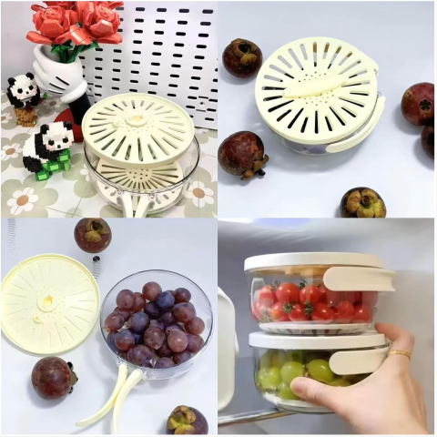Strecuratoare 2 in 1 pentru fructe si legume, cos de scurgere si cutie de depozitare, 15.5 x 8.3 cm, din pp, cu maner si capac, alb [8]