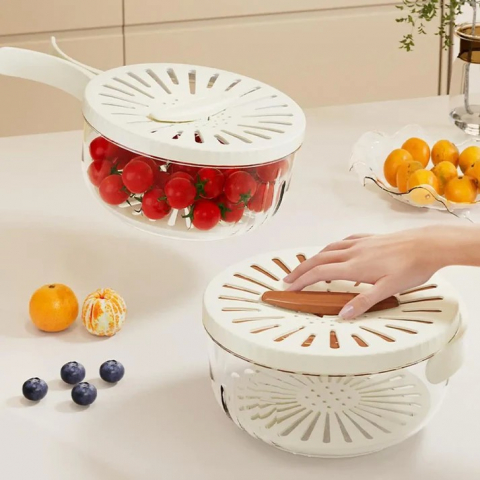 Strecuratoare 2 in 1 pentru fructe si legume, cos de scurgere si cutie de depozitare, 15.5 x 8.3 cm, din pp, cu maner si capac, maro [5]