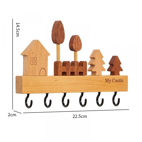 Suport pentru chei, din lemn, aplicare fara perforare, adeziv inclus, 6 carlige negre, model casuta, greutate suportata 5 kg, 14.5 x 2 x 22.5 cm, maro [3]