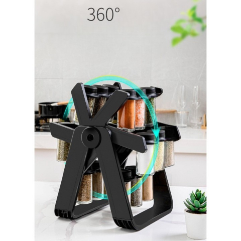 Suport pentru condimente rotativ, multifunctional, pivotant 360°, portabil, usor de montat, 34x23 cm, abs/sticla, negru [10]