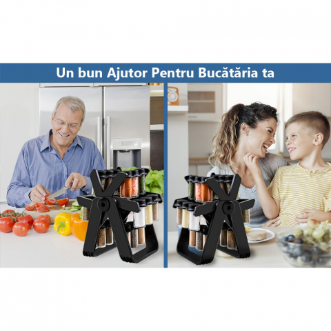 Suport pentru condimente rotativ, multifunctional, pivotant 360°, portabil, usor de montat, 34x23 cm, abs/sticla, negru [5]