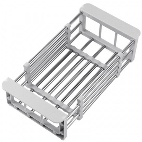 Accesorii și ustensile in bucatarie - Suport scurgere extensibil pentru bucatarie, uscator vase din otel inoxidabil, suport tacamuri si pahare, suport pentru fructe si legume, 24.5 x 16.5 x 9.5 cm gri deschis