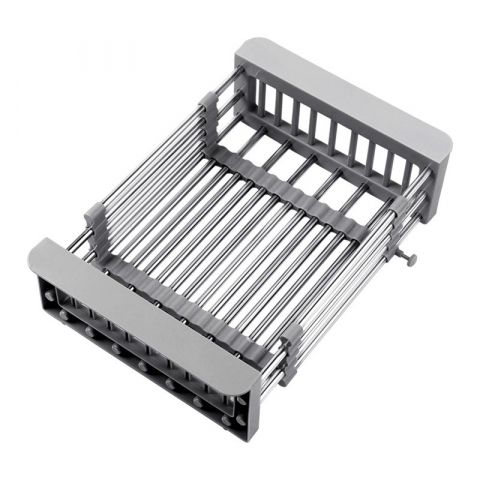 Organizatoare si accesorii pentru bucatarie - Suport scurgere extensibil pentru bucatarie, uscator vase din otel inoxidabil, suport tacamuri si pahare, suport pentru fructe si legume, 29 x 22 x 9.5 cm gri