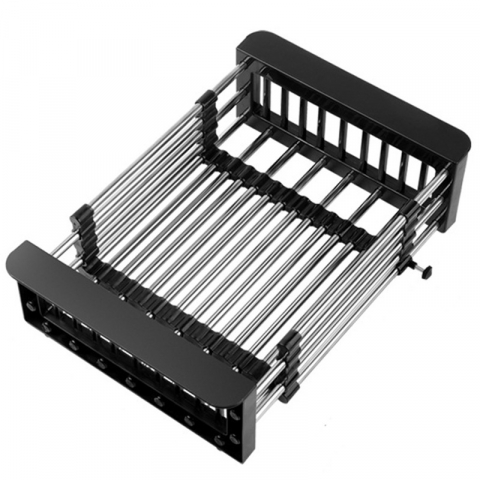 Organizatoare si accesorii pentru bucatarie - Suport scurgere extensibil pentru bucatarie, uscator vase din otel inoxidabil, suport tacamuri si pahare, suport pentru fructe si legume, 29 x 22 x 9.5 cm negru