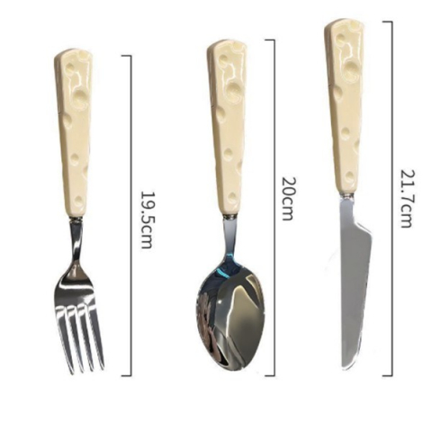Tacamuri pentru copii, set 3 piese, tacamuri pentru dejun, lingura furculita cutit, stil italian, manere forma cascaval plastic, inox, 23 cm, auriu [2]