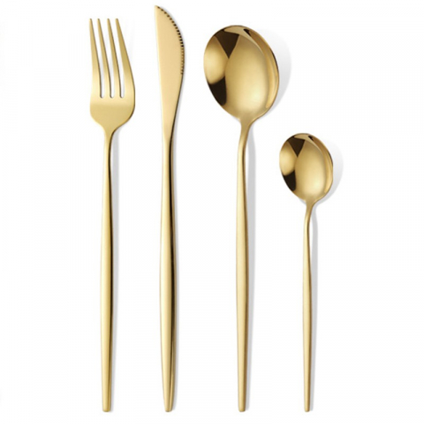 Organizatoare si accesorii pentru bucatarie - Tacamuri portugheze, set din 24 de piese din otel inoxidabil, 6 cutie, 6 furculite, 6 linguri de masa, 6 linguri pentru ceai, auriu