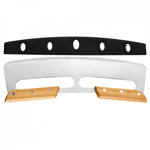 Ajutoare pentru gatit - Taietor feliator de pizza, din otel inoxidabil, cu capac, maner din doua bucatie, din lemn, antialunecare, lama neteda si ascutita, 34x10 cm, maro