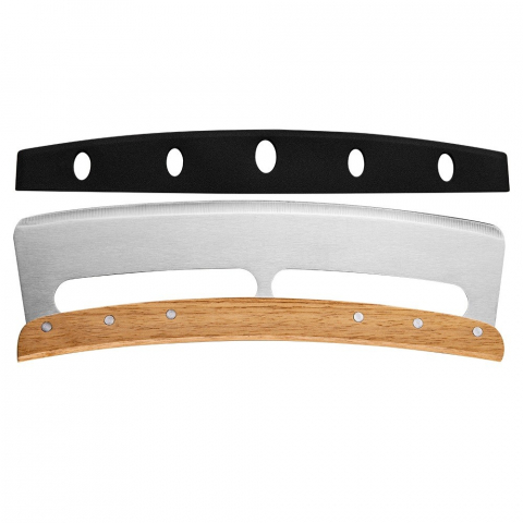Ajutoare pentru gatit - Taietor feliator de pizza, din otel inoxidabil, cu capac, maner din lemn, antialunecare, lama neteda si ascutita, 34x10 cm, maro