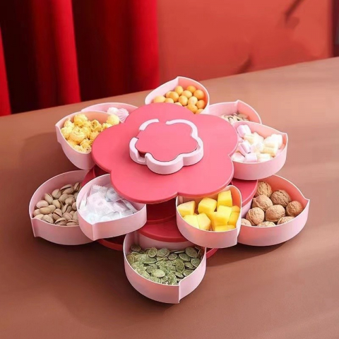 Accesorii și ustensile in bucatarie - Tava pentru servire, pentru fructe / legume / snackuri, cu sertare, deschidere rotativa, pe 2 straturi, in forma de floare, 26 x 26 x 11.5 cm roz