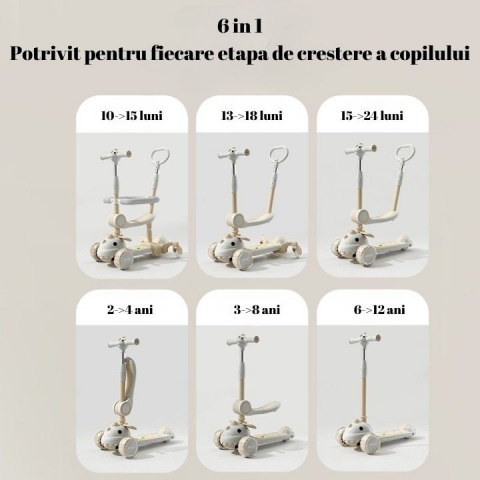Trotineta multifunctionala 6 in 1, pentru copii de la 10 luni pana la 12 ani, cu maner de impingere, reglabil 360, pliere usoara, reglarea inaltimii, model dinozaur, alb/bej [1]