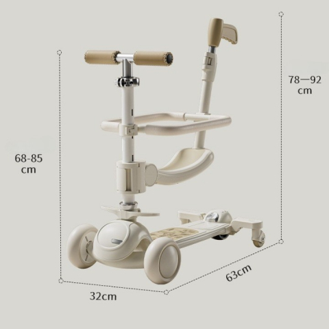 Trotineta tip carucior pentru copii 7in1, pliabila, ghidon reglabil, parti detasabile, lumini led, muzica, suport pentru picioare, alb [3]