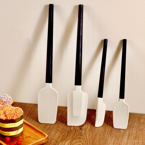 Ustensile de bucatarie, set din 4 bucati, din silicon si lemn, spatule de diferite dimensiuni, termo rezistente, antiaderente, instrument de amestecat in bucatarie, alb-negru [1]