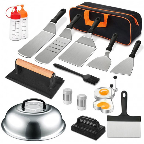 Organizatoare si accesorii pentru bucatarie - Ustensile pentru gratar, set din 17 ustensile pentru gratar cu preparare de tip plita, ustensile din otel inoxidabil cu manere din plastic pp, cu geanta, negru
