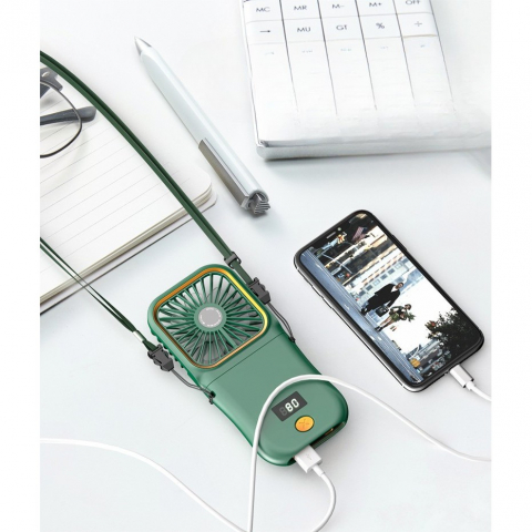 Ventilator portabil 3 in 1, de mana, de gat, de birou, 16.7 x 8 x 1.9 cm, 3 trepte de viteza, incarcare usb, pliabil, afisaj digital, suport telefon, verde [4]