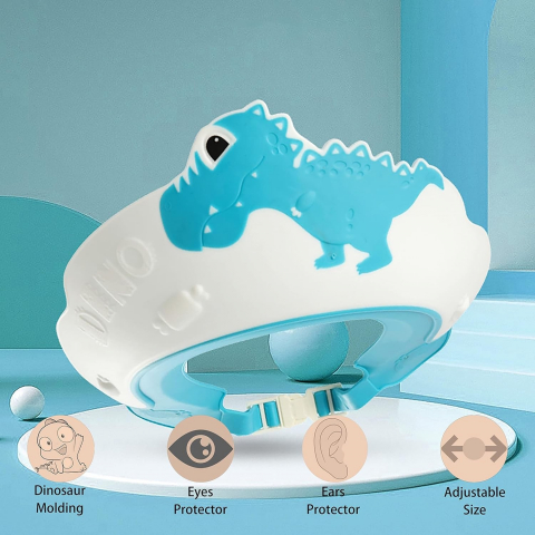 Viziera de protectie baie pentru copii, fippy, model dinozaur, dimensiune ajustabila, durabil, usor de curatat, impotriva samponului, pentru ochi si urechi, tpe+pp, 22x21 cm, albastru [1]