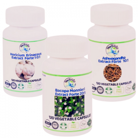 Remedii patologii sistemul nervos - Calm, Echilibru Mental și Reducerea Stresului,Coama Leului 25:1, Bacopa 20:1și Ashwagandha – Supliment Natural