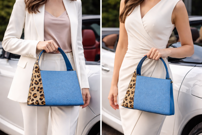 Geantă de mână Soruka albastră cu animal print și mâner superior, purtată elegant. [2]